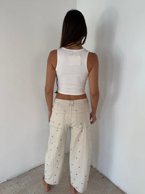 Beige Studded Barrel Pants