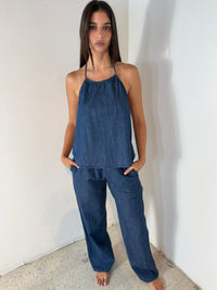 Denim Halter Top & Long Pant Set