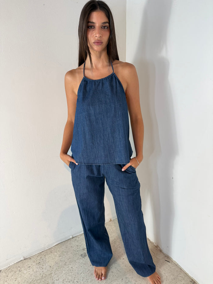 Denim Halter Top & Long Pant Set