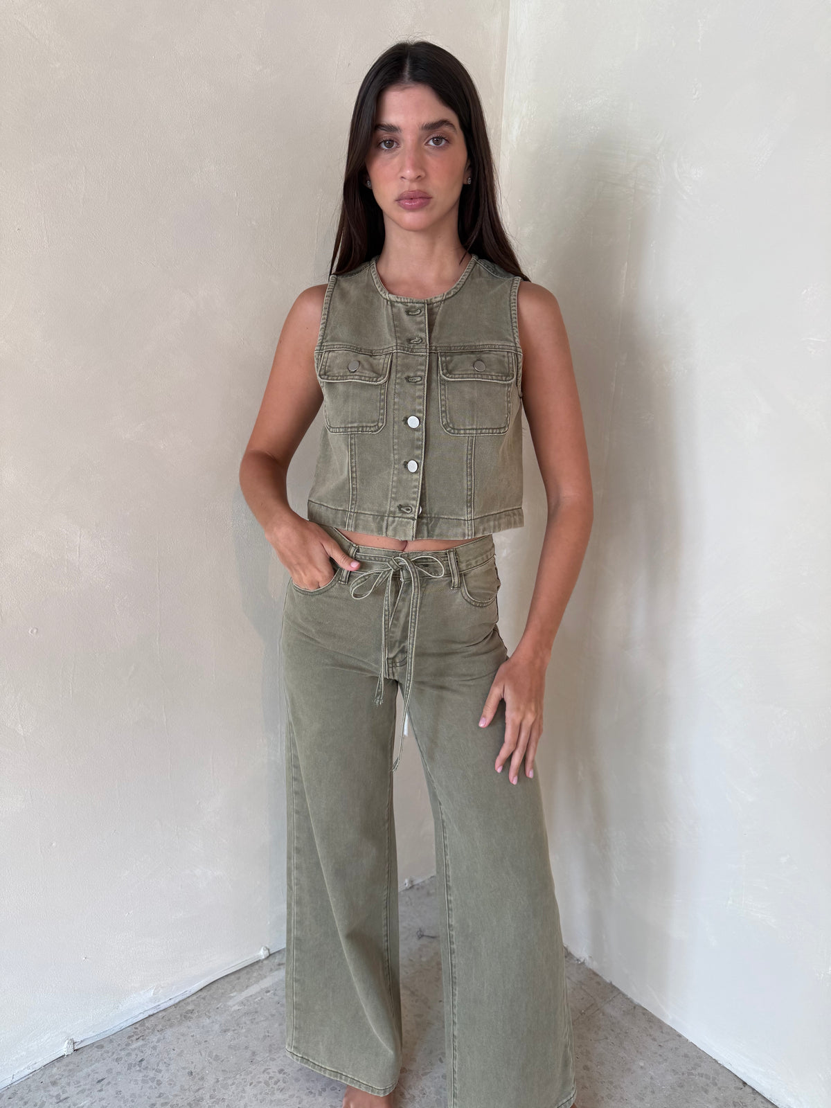 Olive Button Down Top & Drawstring Pant Set