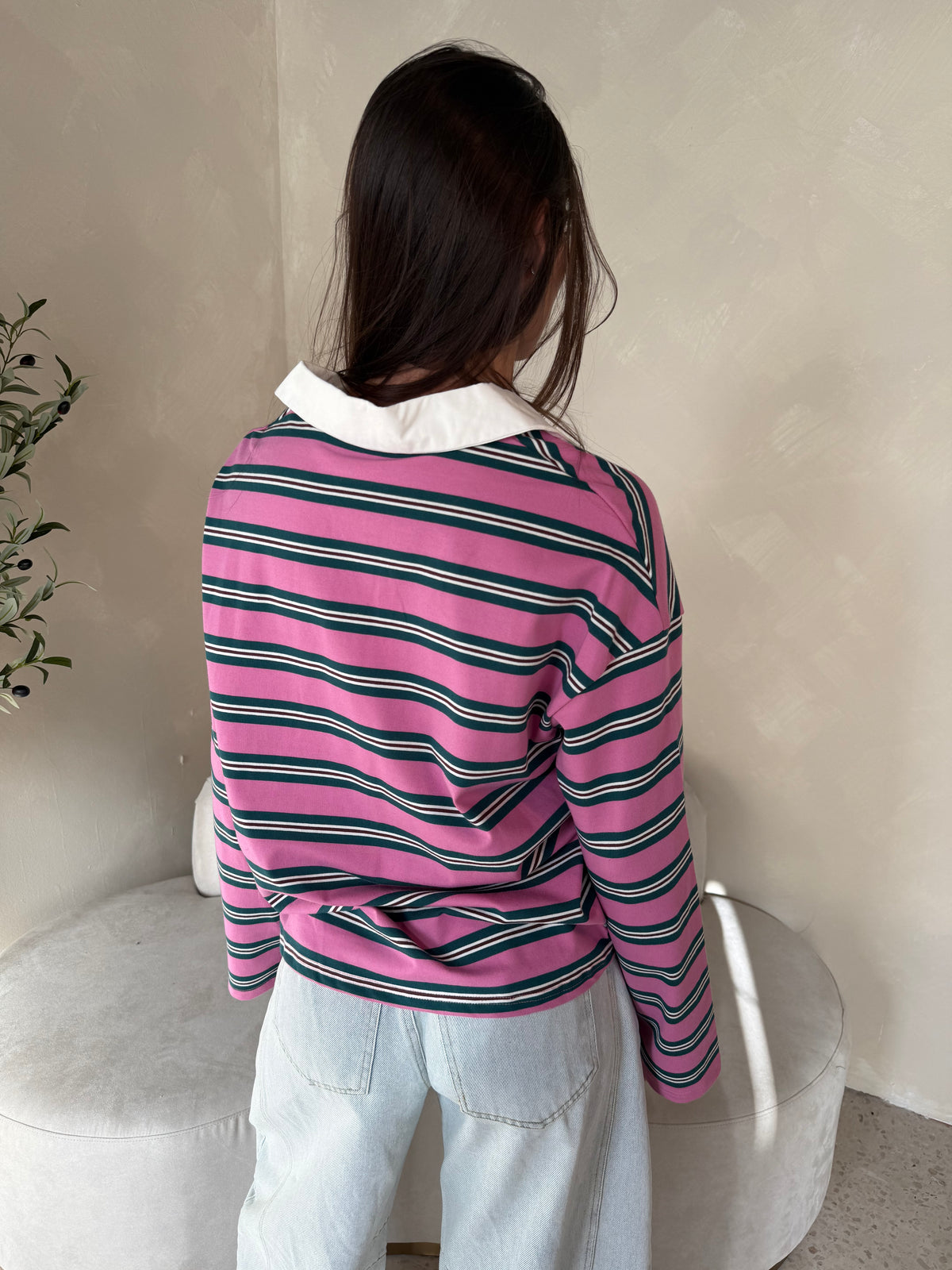 Pink Green Stripe Collar Top