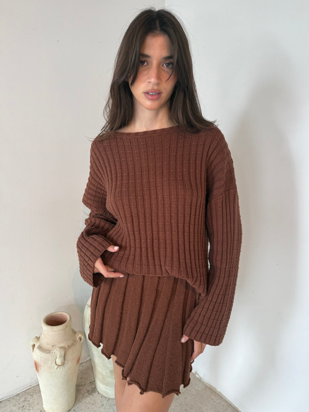 Brown LS Top & Skirt Set