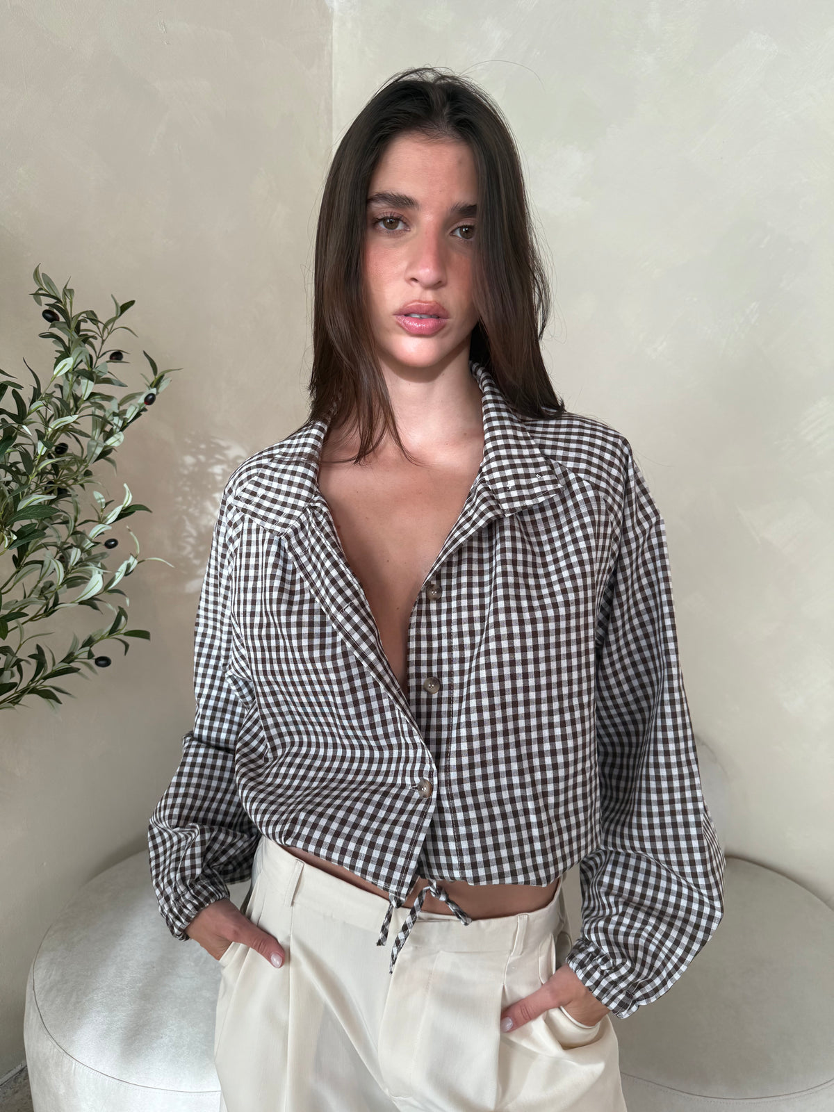 Gingham Drawstring Cropped Jacket