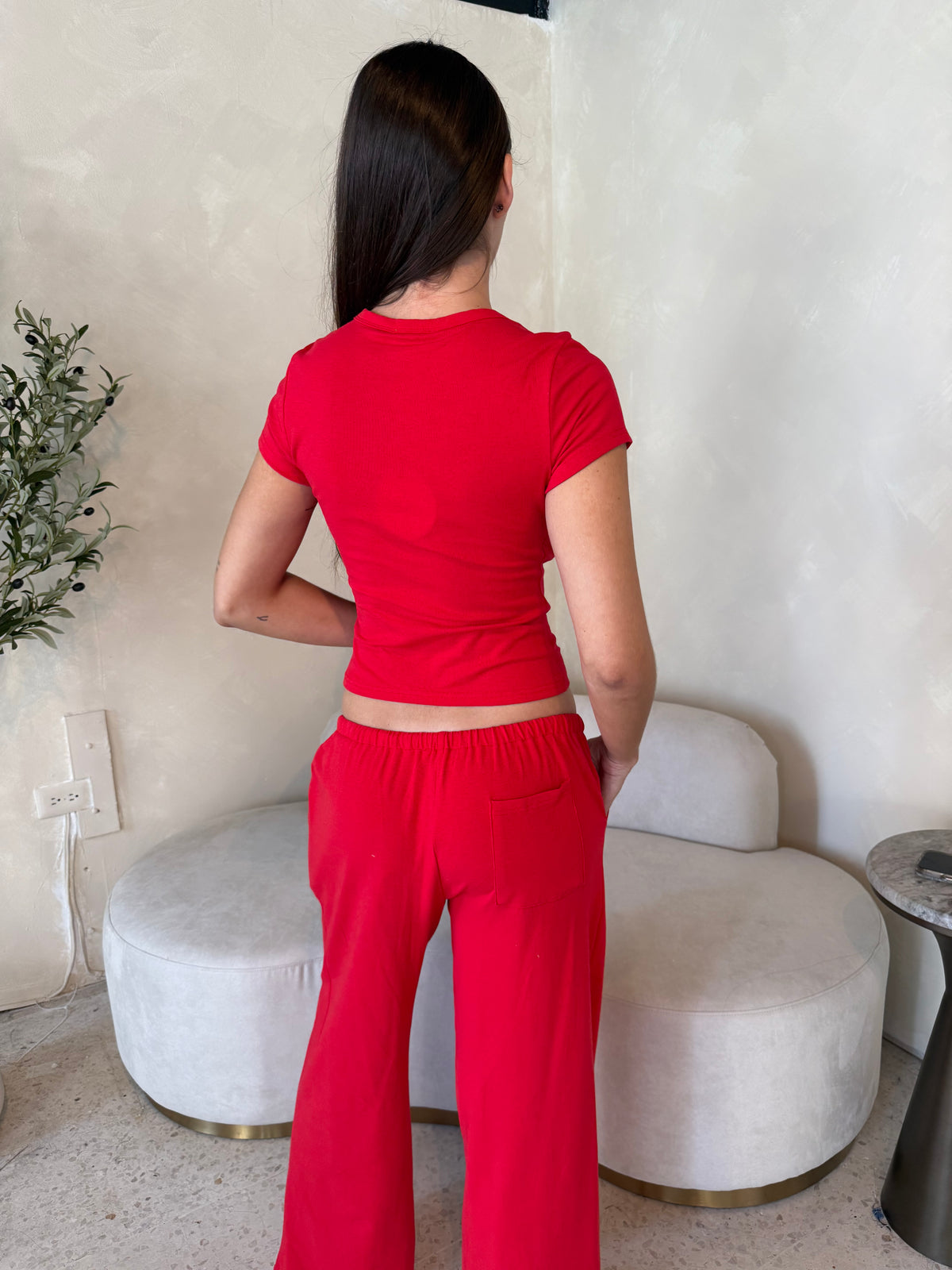 SS Button Top & Drawstring Wide Leg Pants
