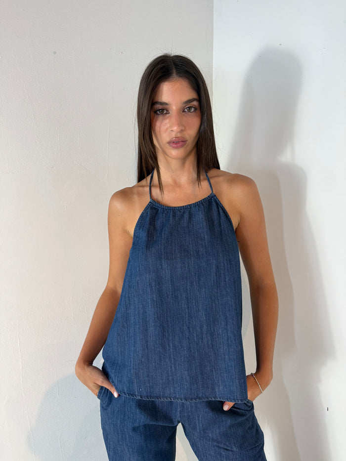 Denim Halter Top & Long Pant Set