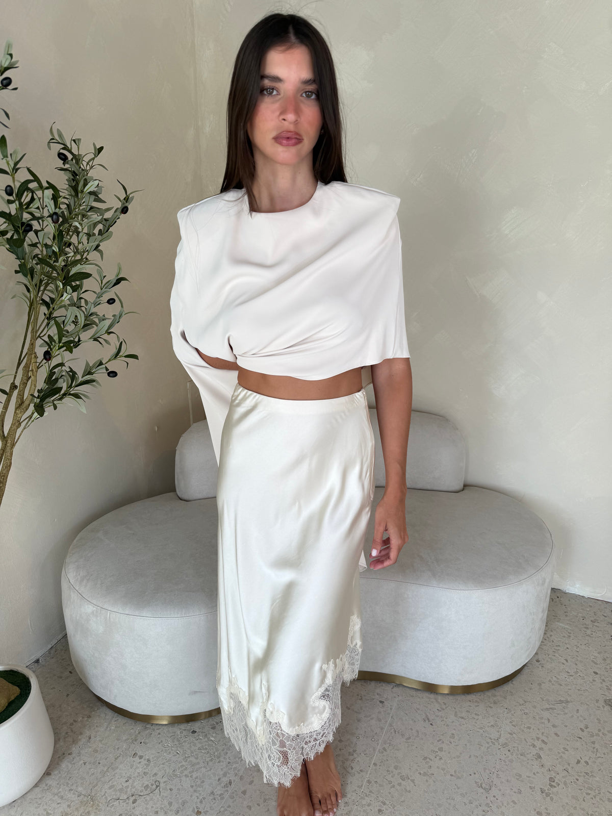 Satin Lace Midi Skirt