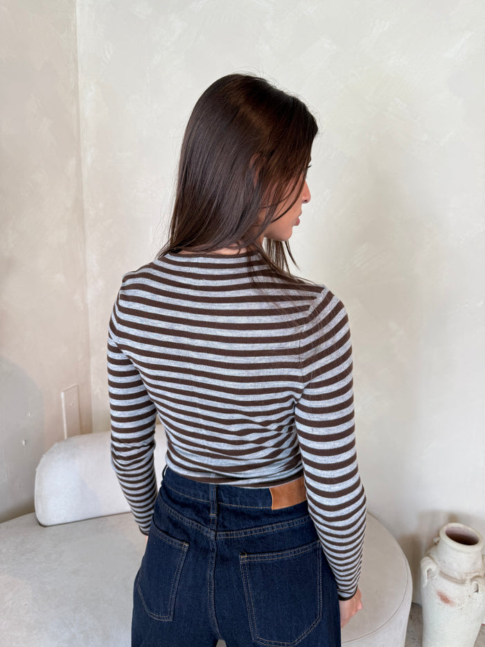 Front Button Stripe Sweater Top