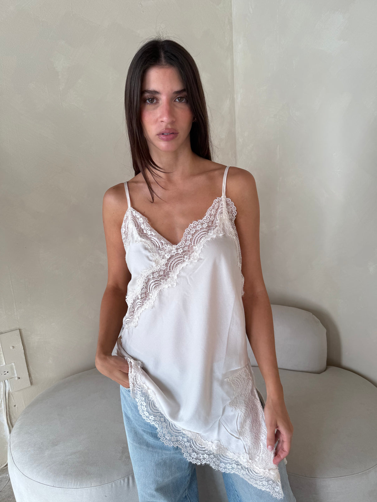 Cream Satin Lace Top