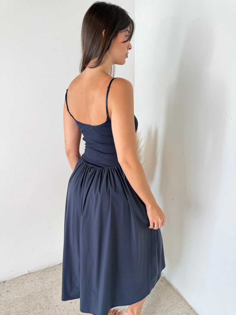 Ribbed Navy Strappy Midi Dress