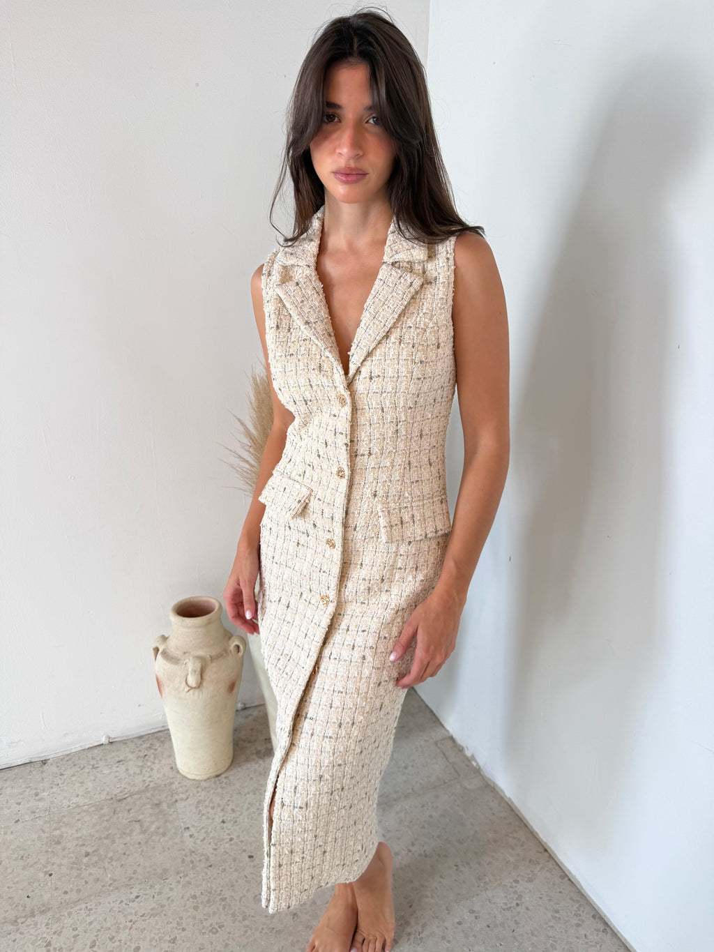 Tweed Sleeveless Midi Dress