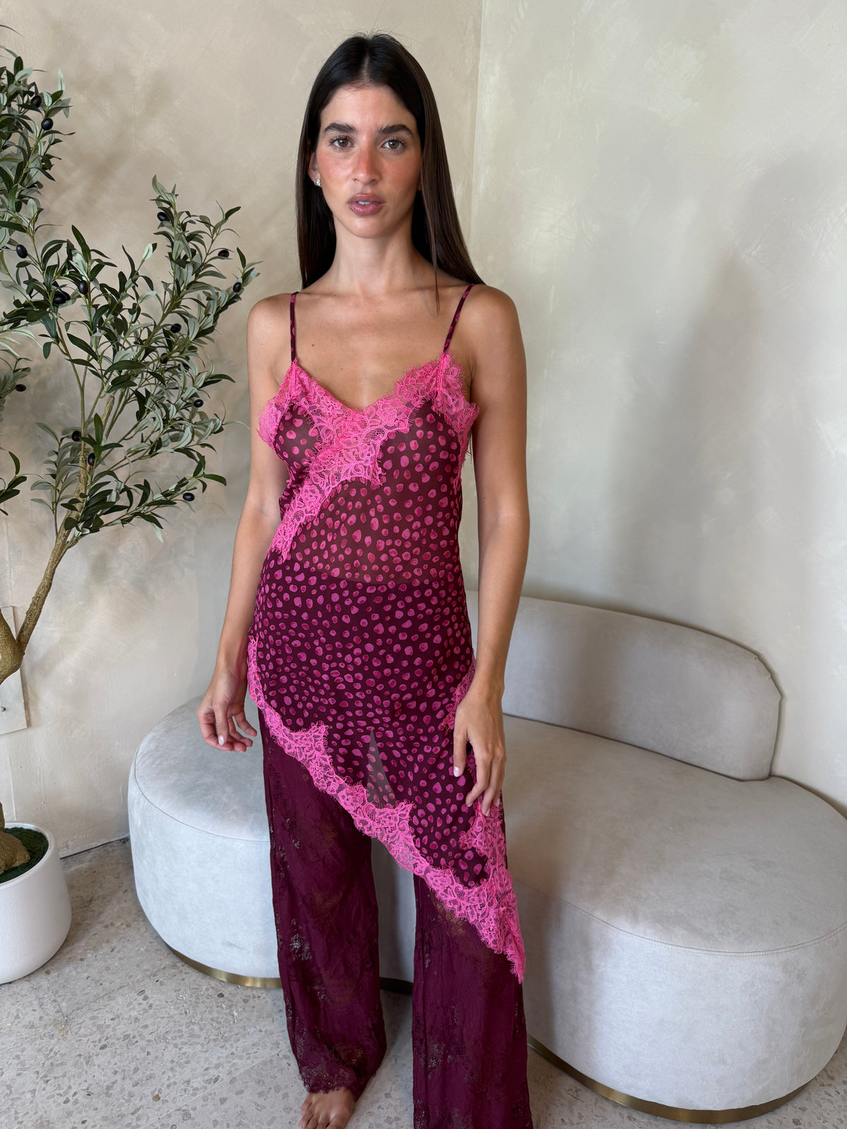 Burgundy Chiffon Lace Top & Pant Set