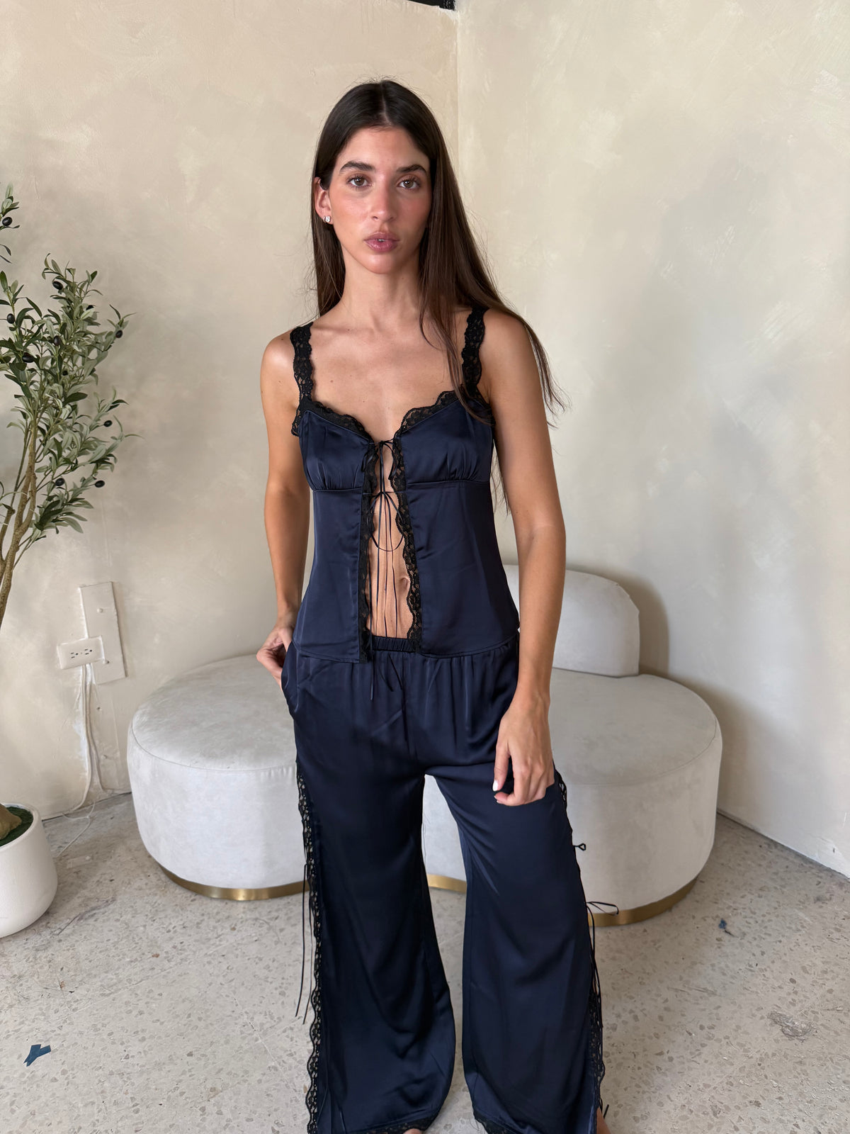 Satin Lace Trim Top & Pant Set