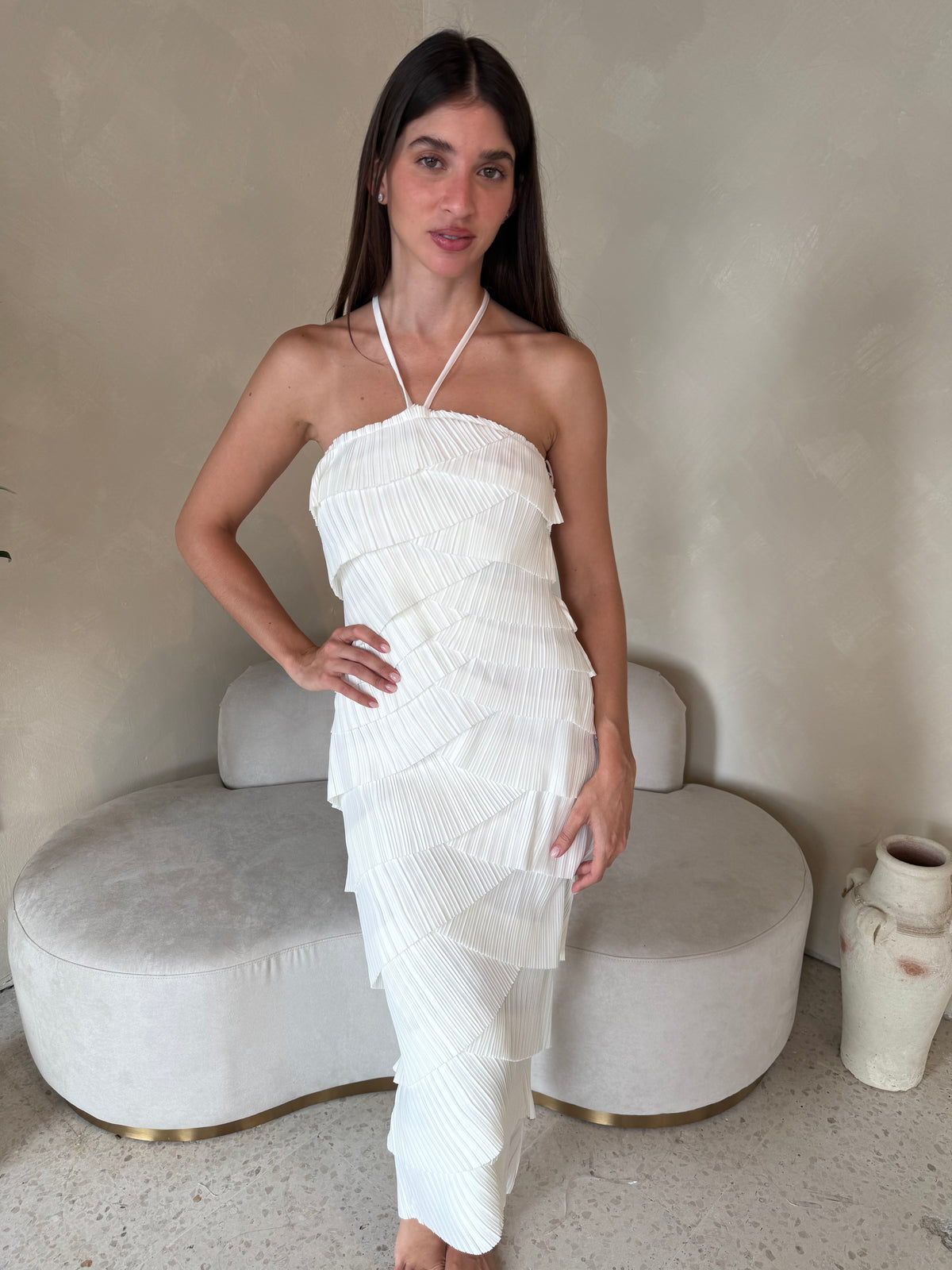 Cream Pleated Midi Dress