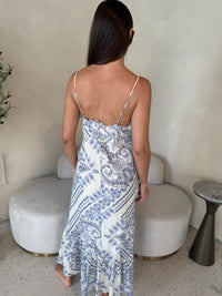 Blue Printed Frill Maxi Dress