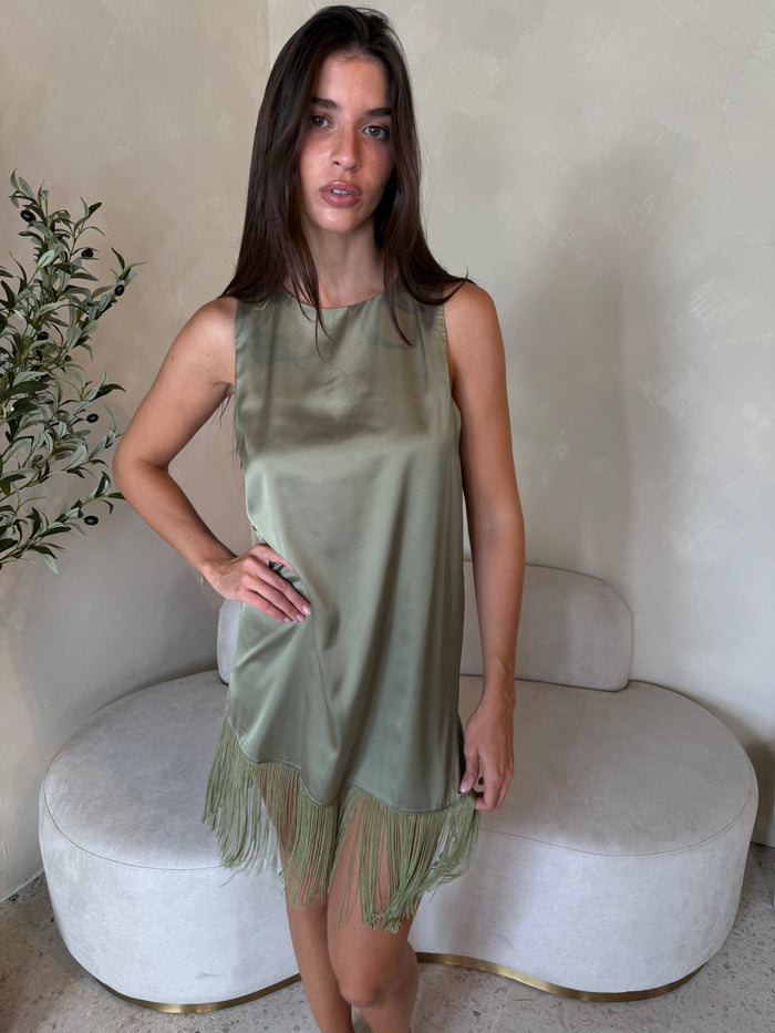Olive Fringe Mini Dress
