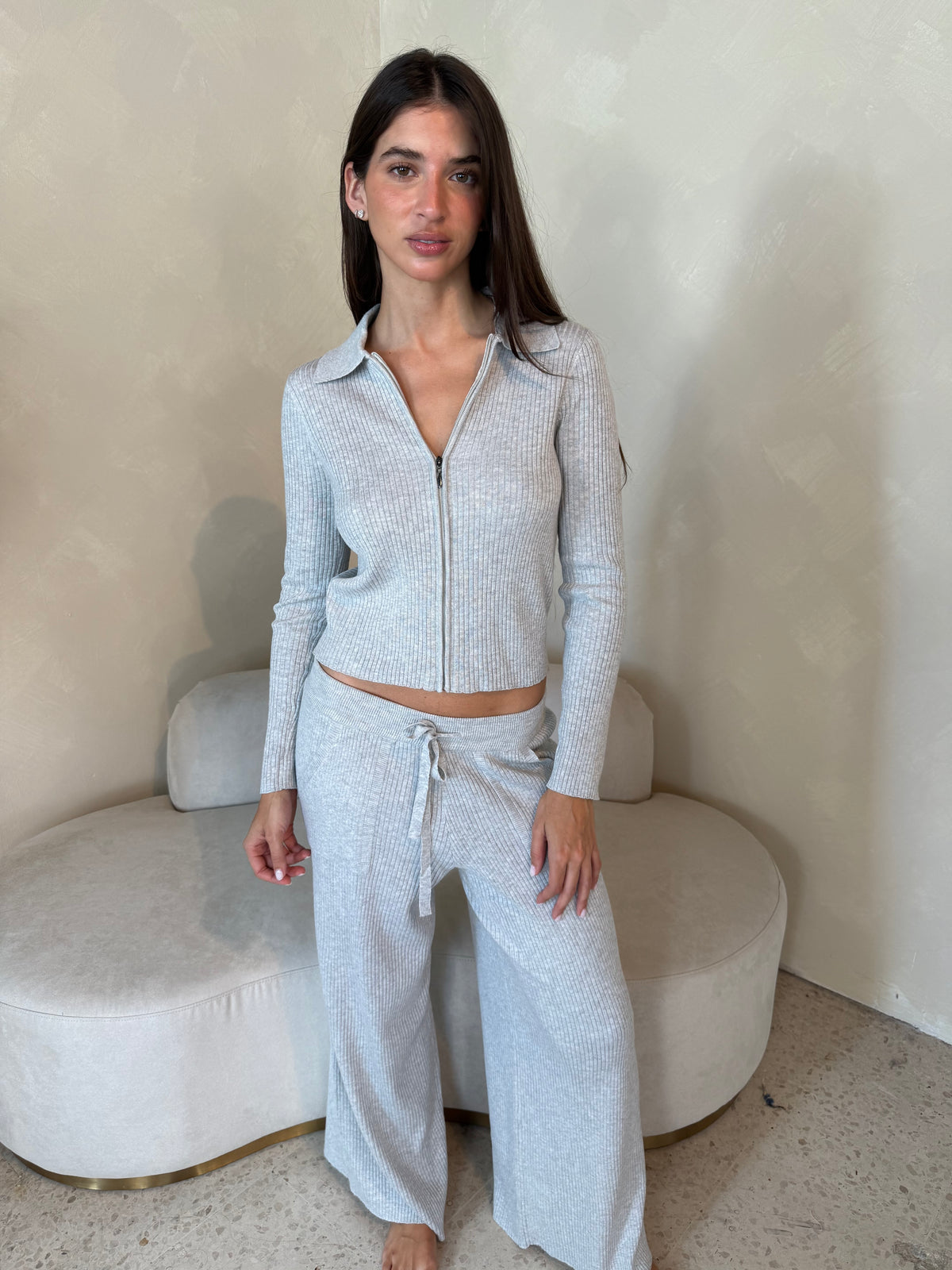 Grey Ribbed LS Jacket & Pant Set