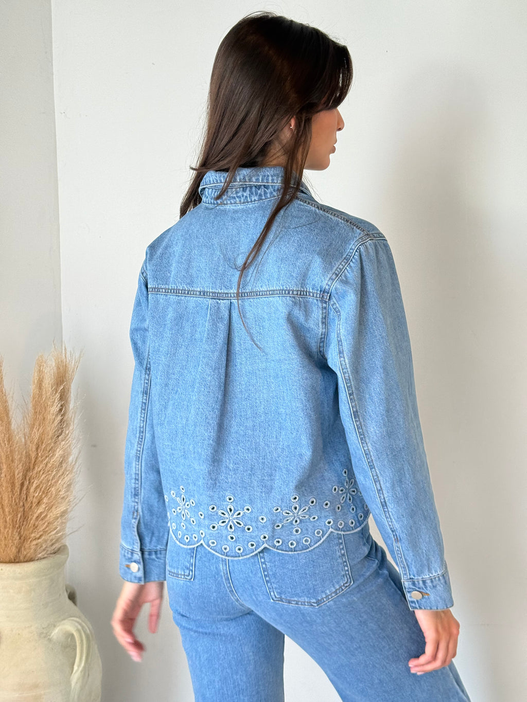 Denim Embroidered LS Top