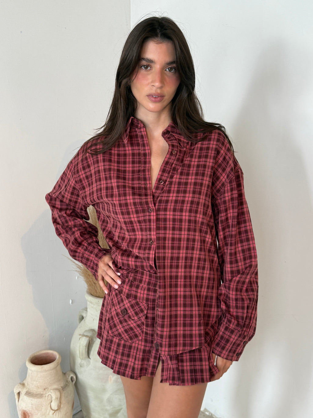 Brown Pink Plaid Set