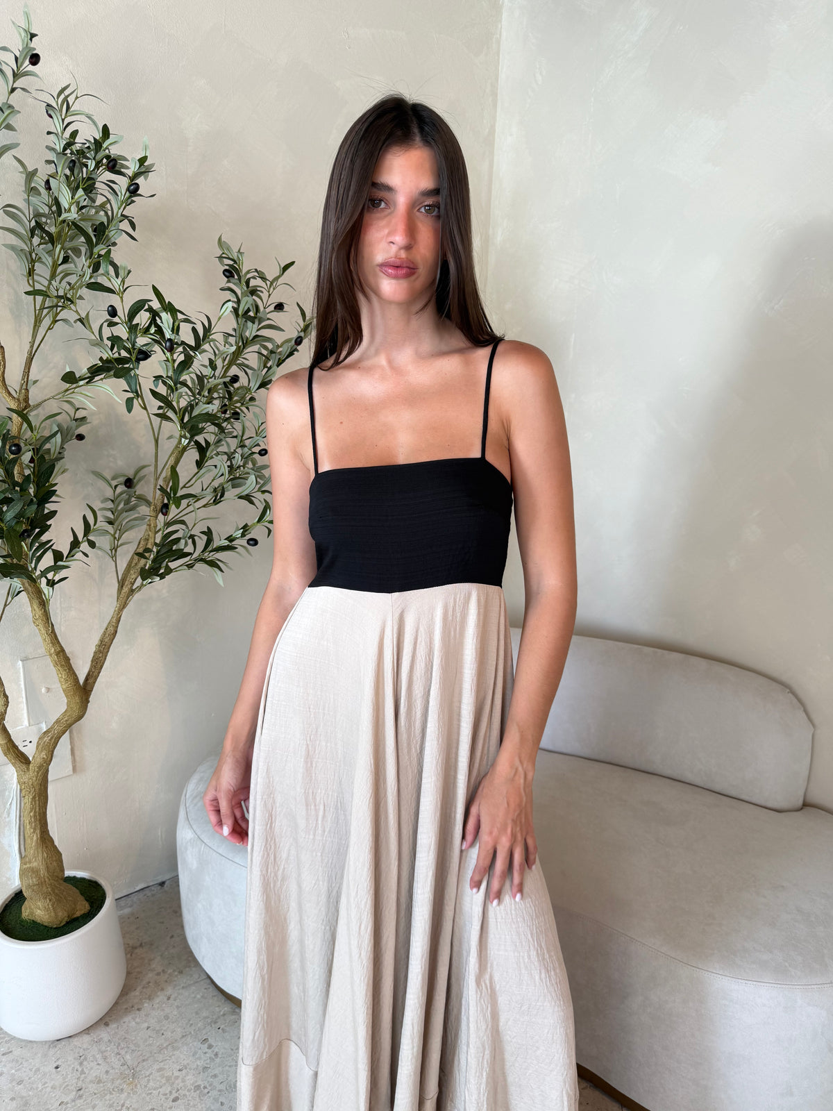 Taupe Black Color Block Maxi Dress