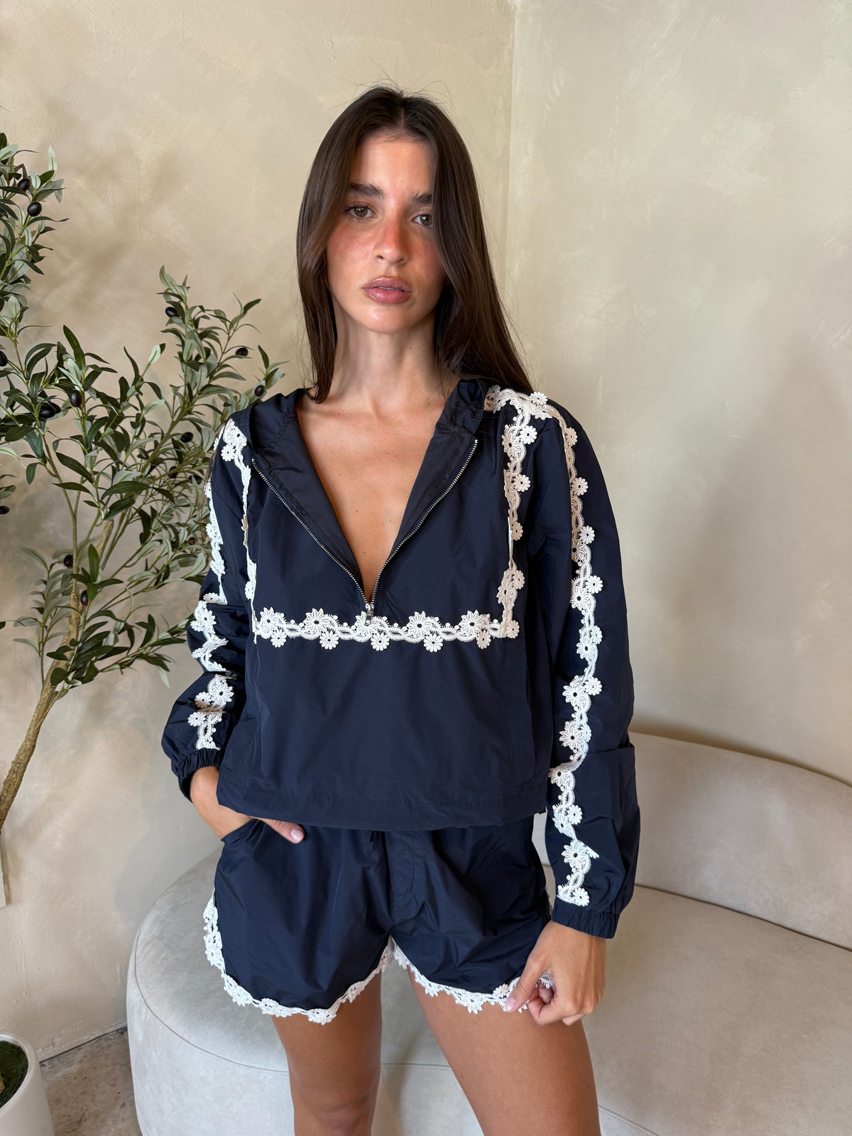 Floral Trim Windbreaker & Short Set