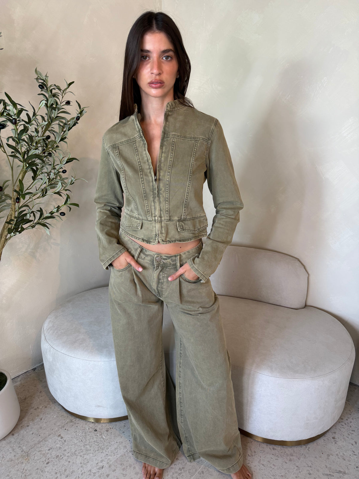 Olive Denim Jacket & Pant Set