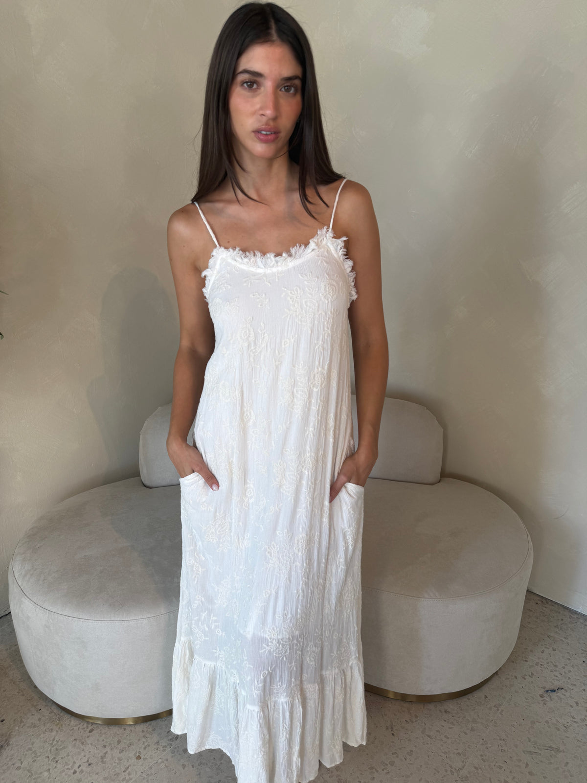 Embroidered Frill Maxi Dress