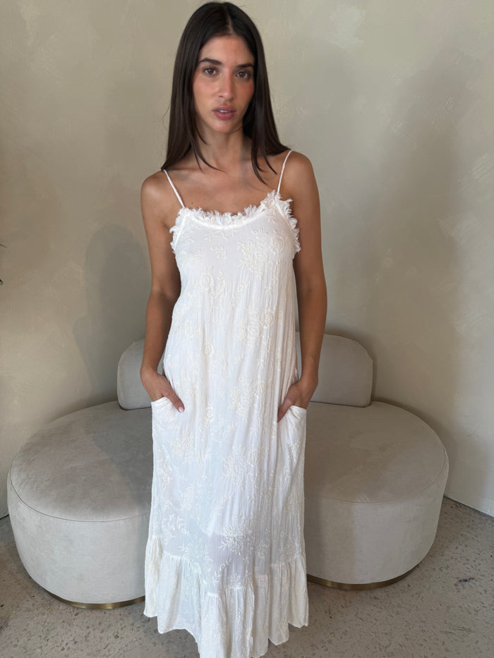 Embroidered Frill Maxi Dress