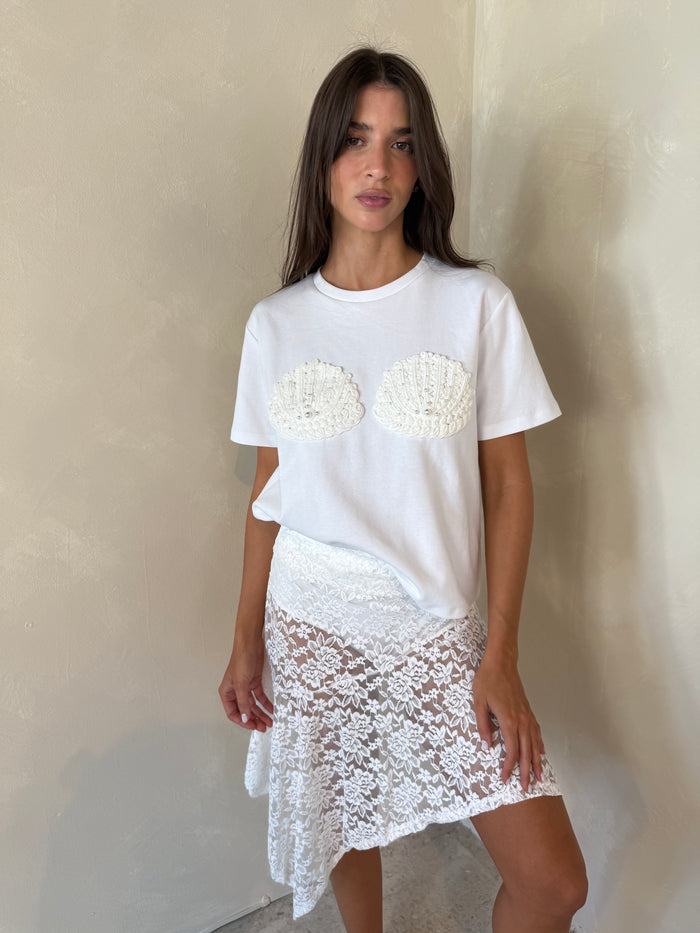 Asymmetrical Sheer Lace Midi Skirt