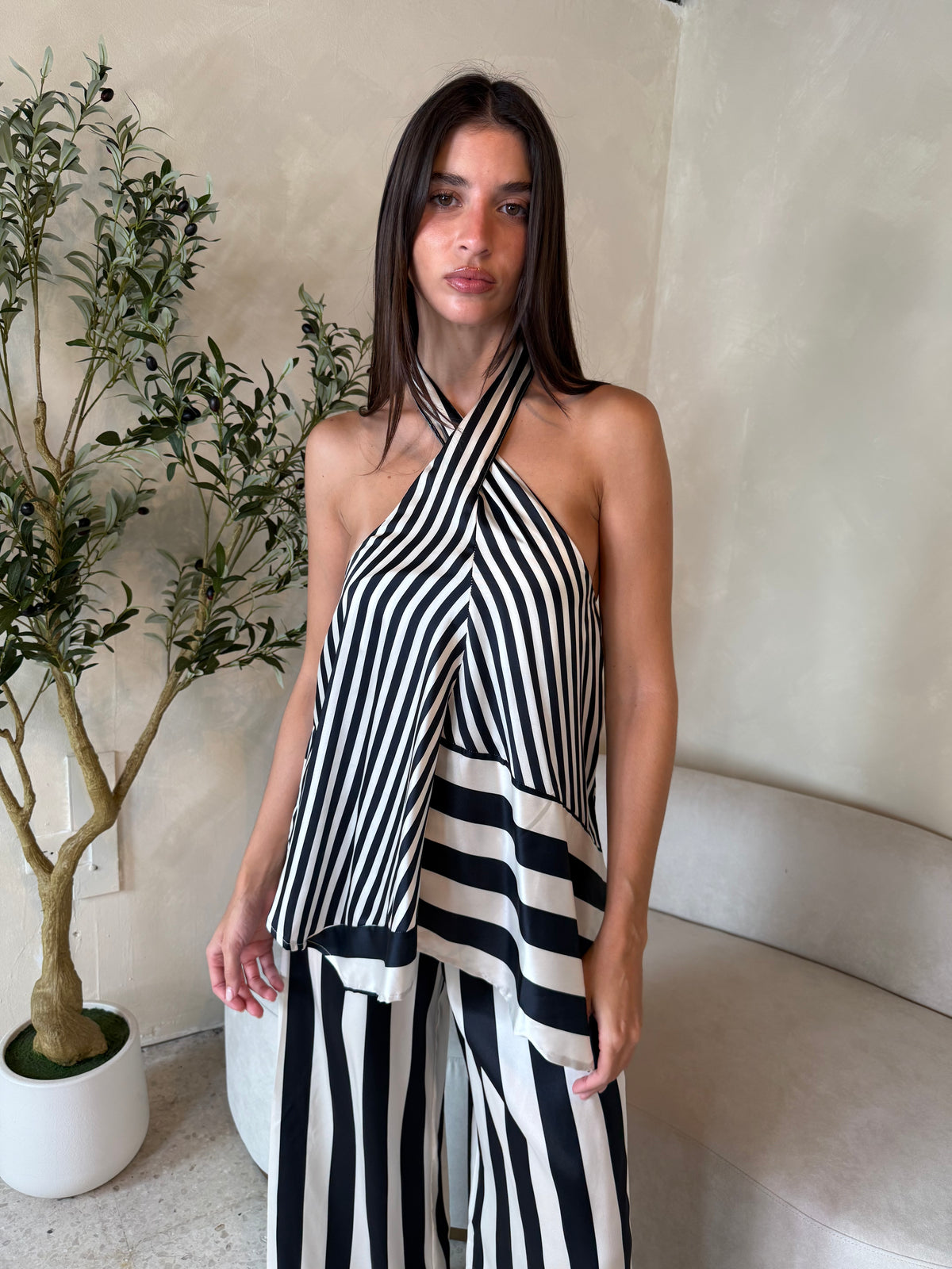Striped Halter Wrap Top & Pant Set