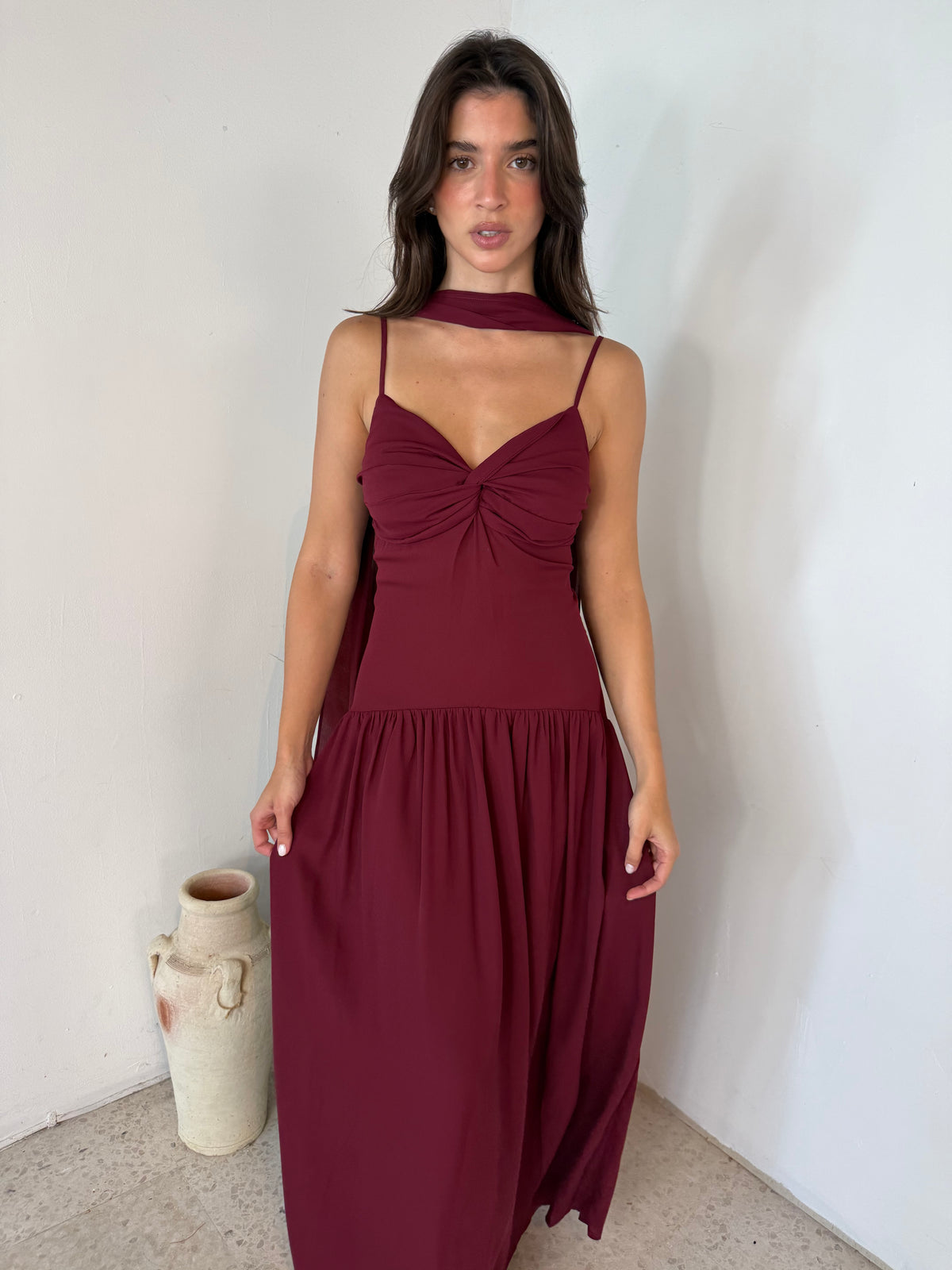 Wine Pleated Long Dress