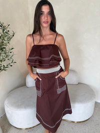 Chocolate Ruffle Top & Midi Skirt Set