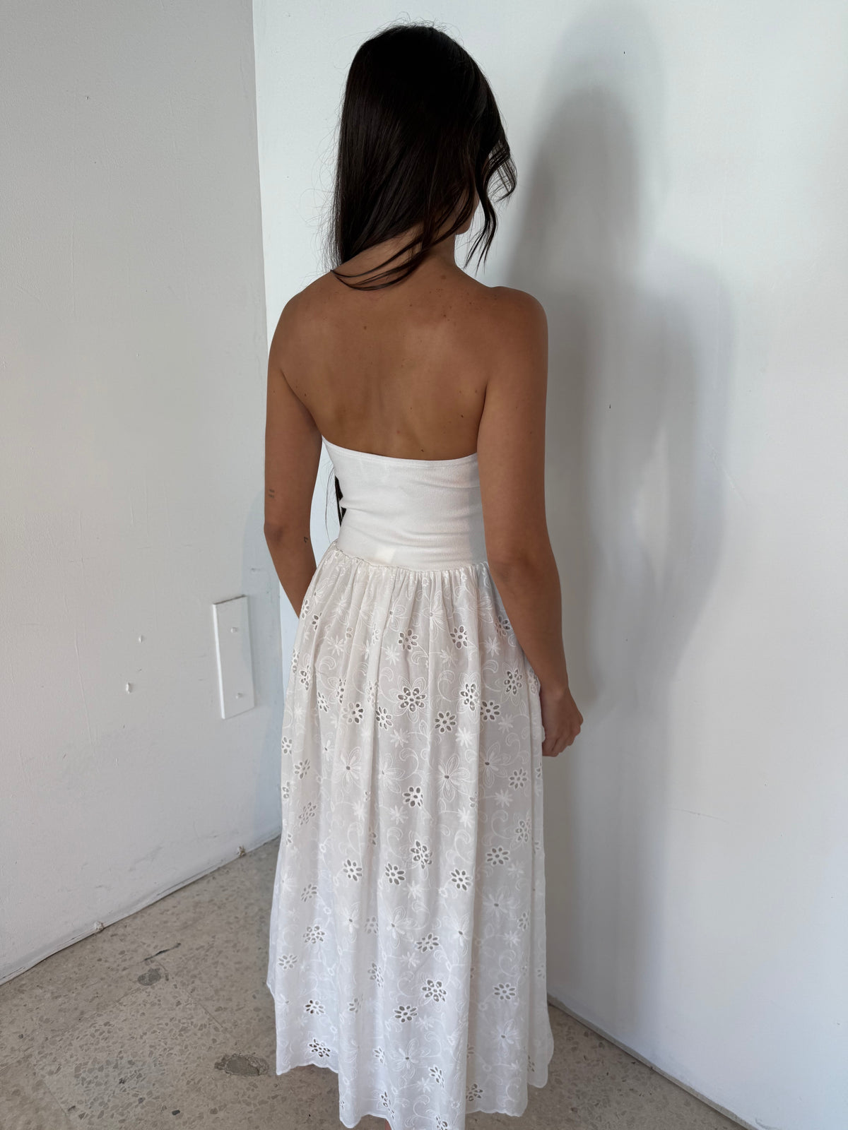 Strapless Knit Bodice Mix Eyelet Skirt Midi Dress