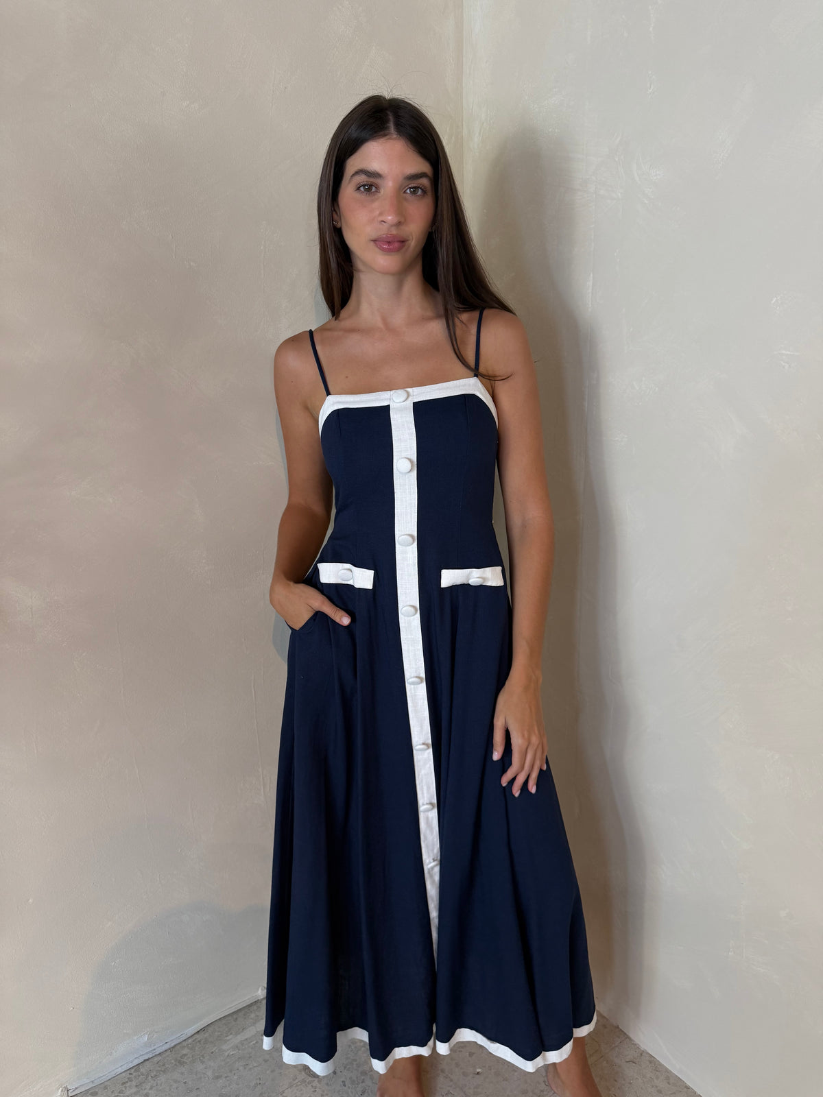 Navy Button Midi Dress