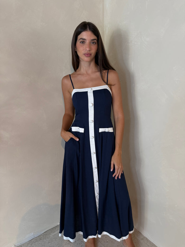 Navy Button Midi Dress