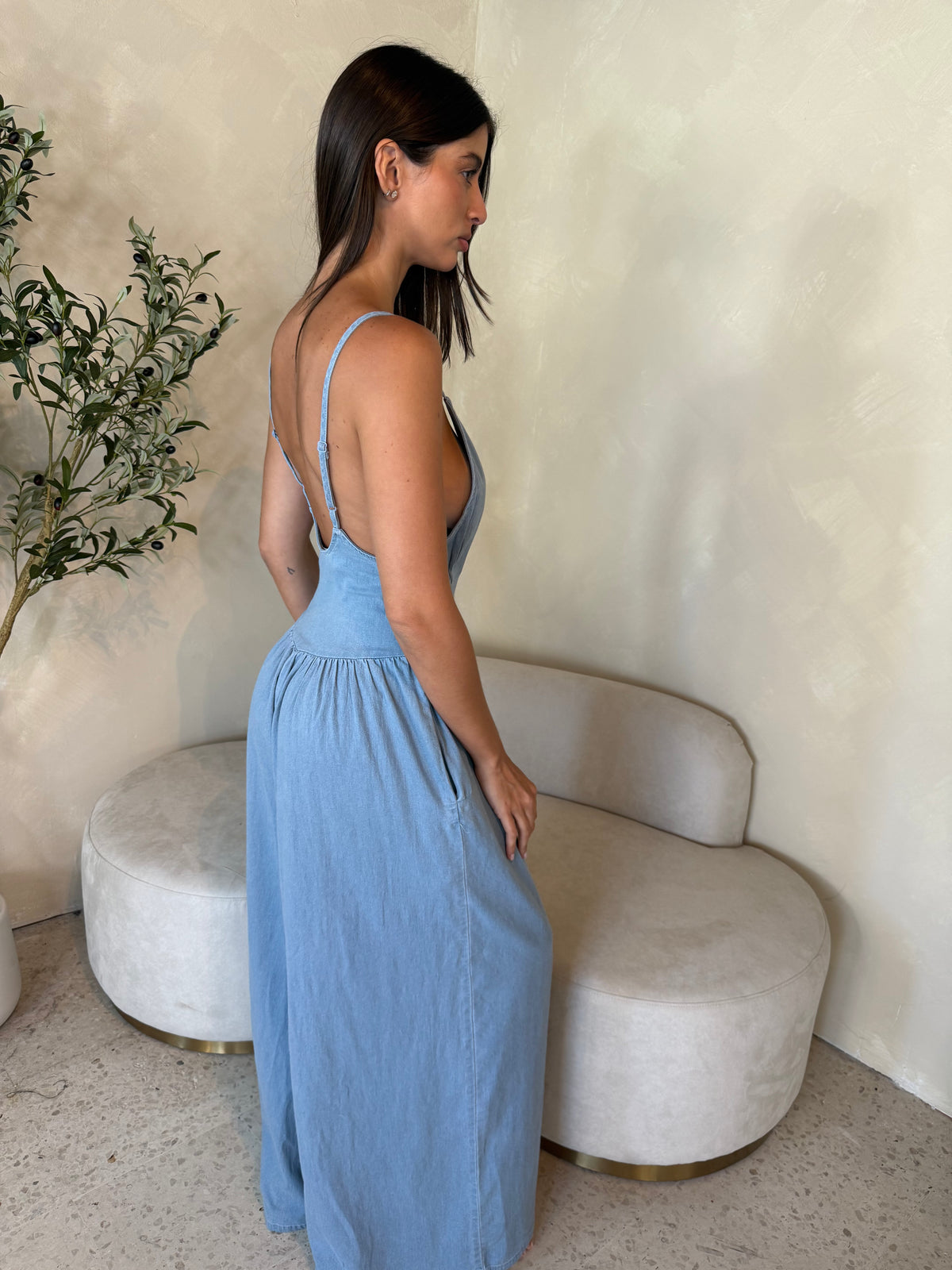 Denim Plunge Jumpsuit