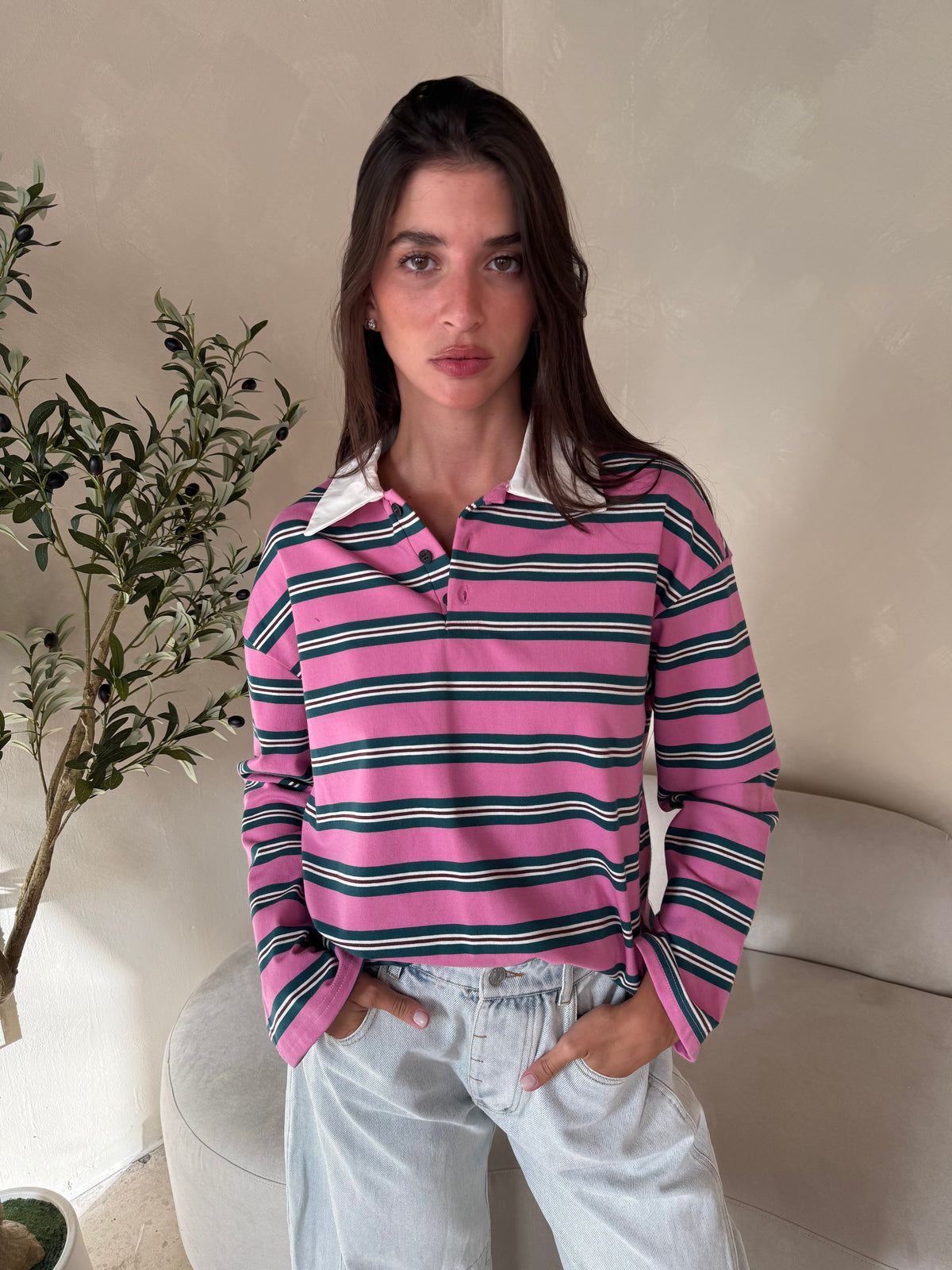 Pink Green Stripe Collar Top