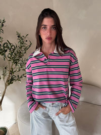 Pink Green Stripe Collar Top
