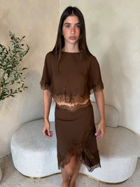 Satin Cape Top Brown & Skirt Set