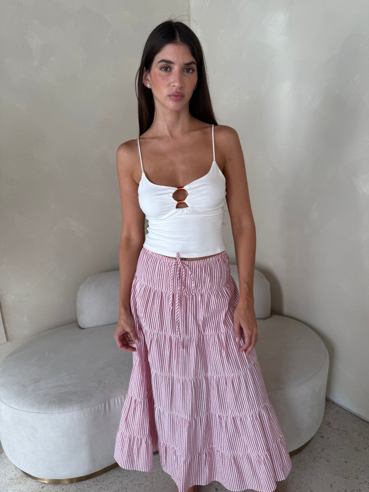 Stripe Drawstring Midi Skirt