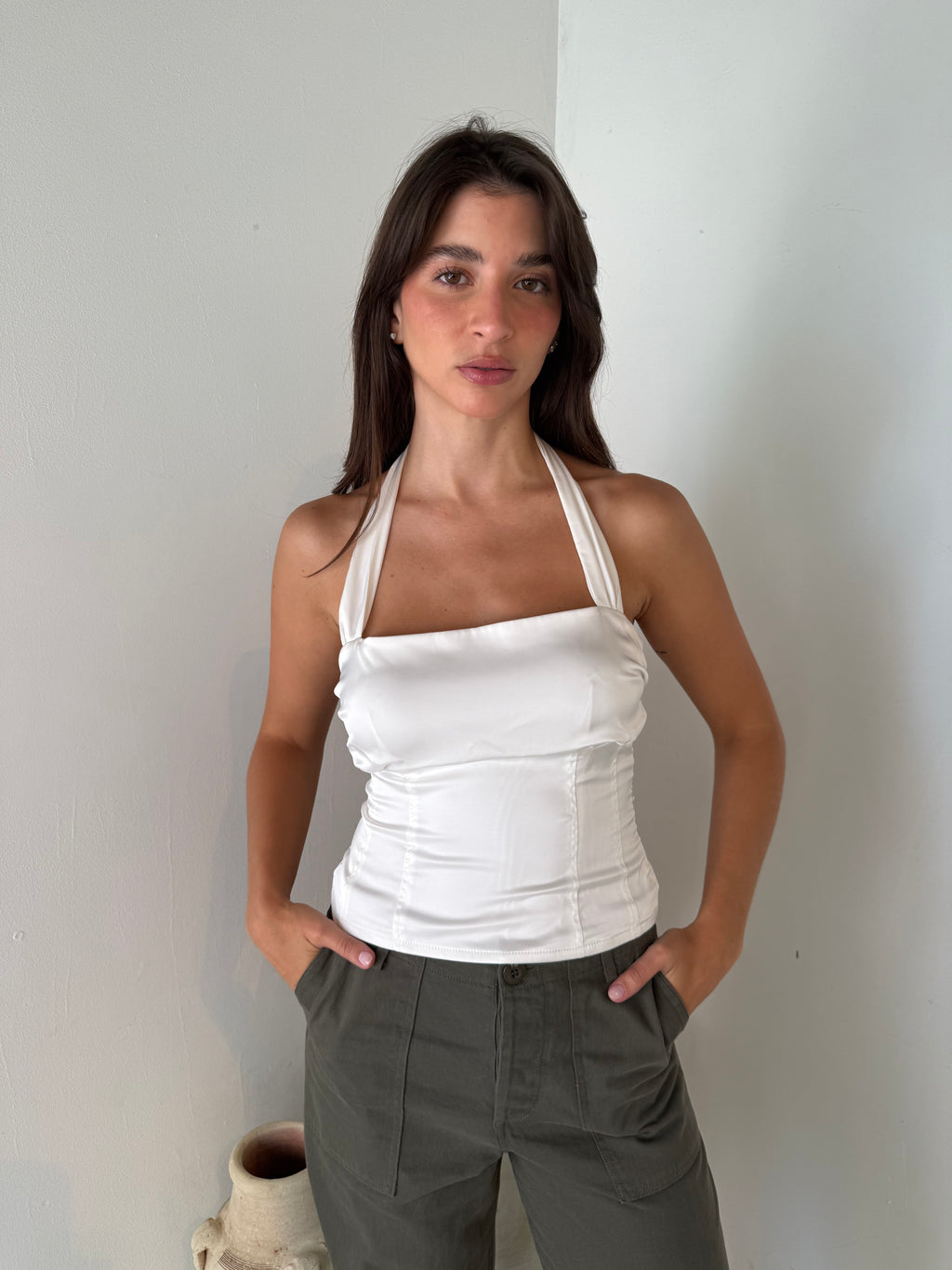 White Halter Satin Top