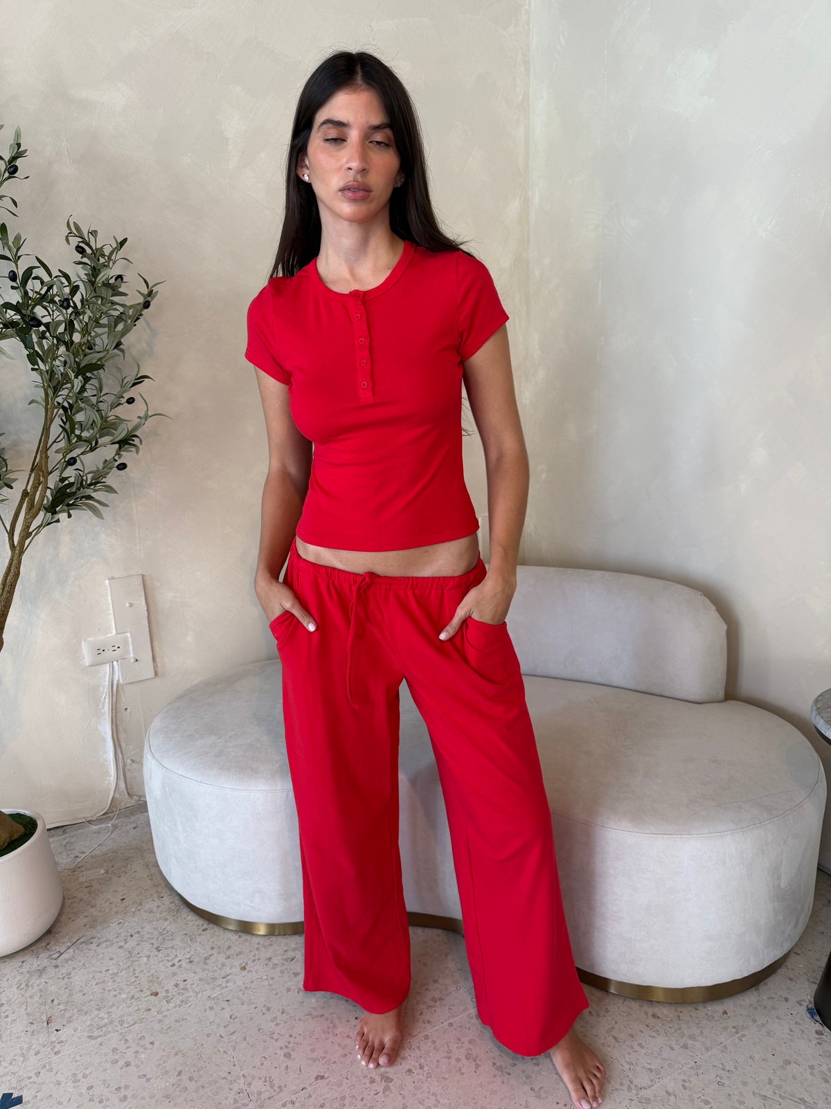 SS Button Top & Drawstring Wide Leg Pants