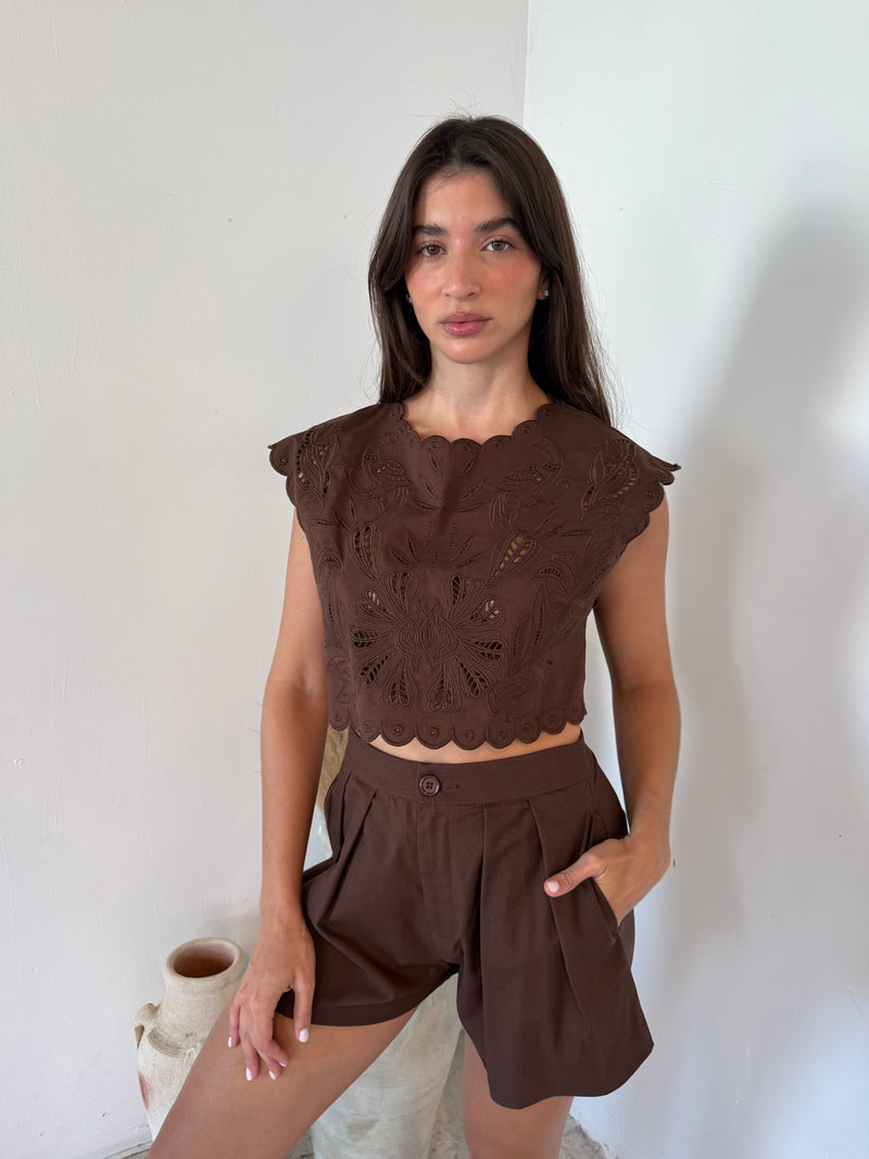 Embroidered Scallop Top & Short Set