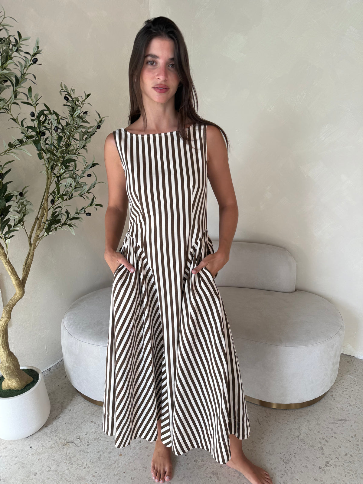 Brown Stripe Midi Dress
