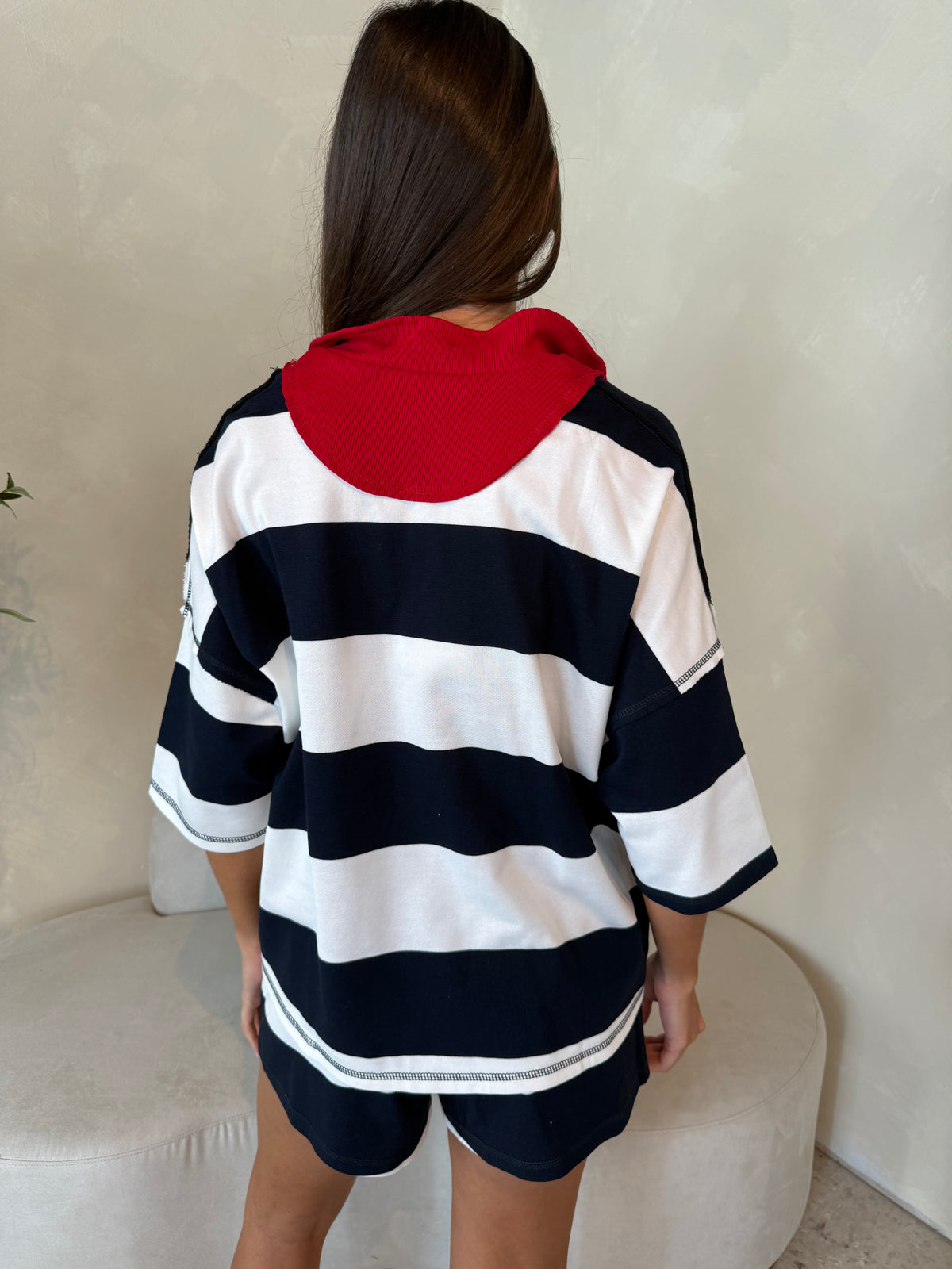 Navy Red Stripe SS Top & Short Set