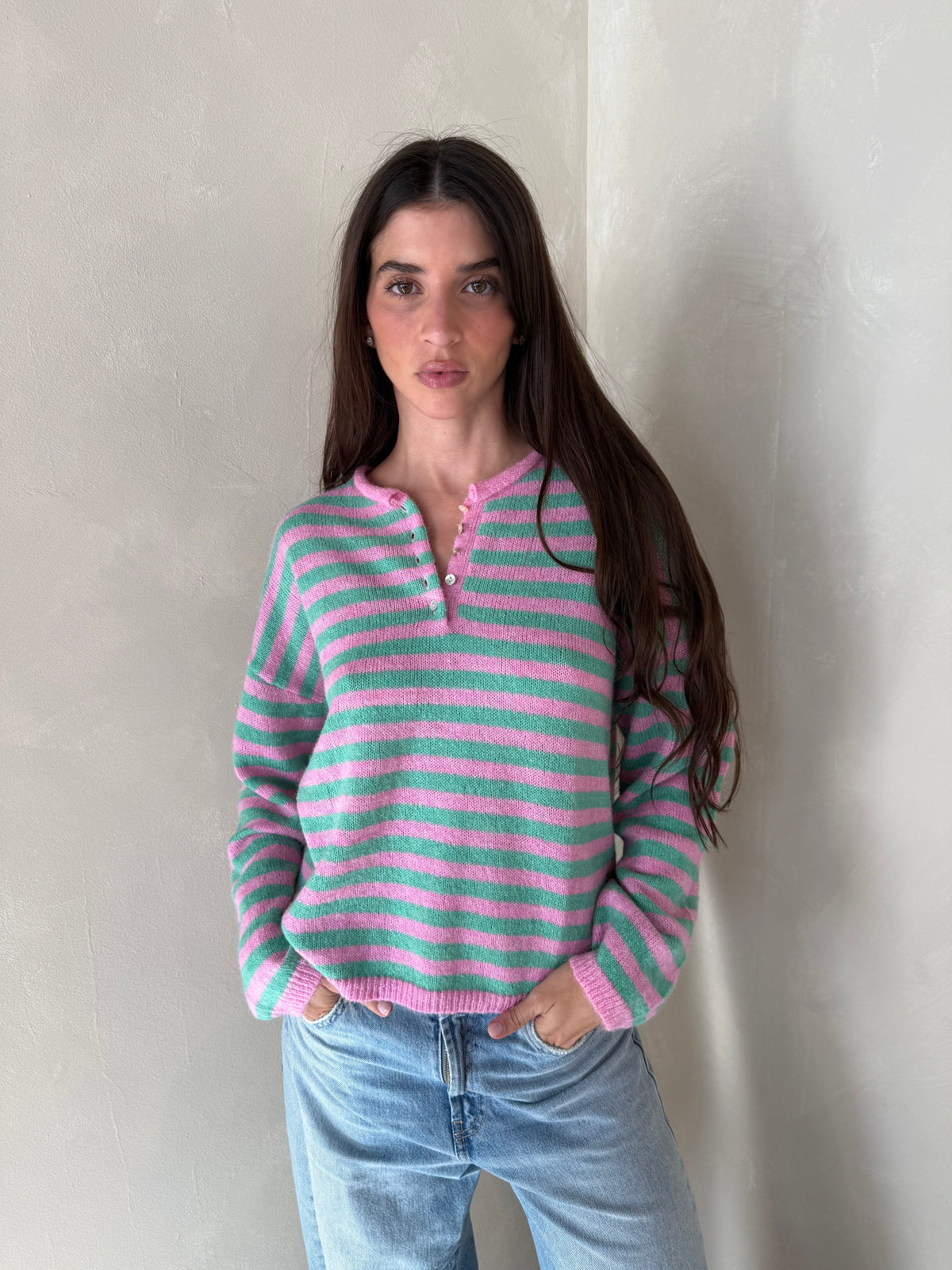 LS Stripe Button Sweater