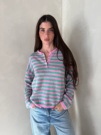 LS Stripe Button Sweater