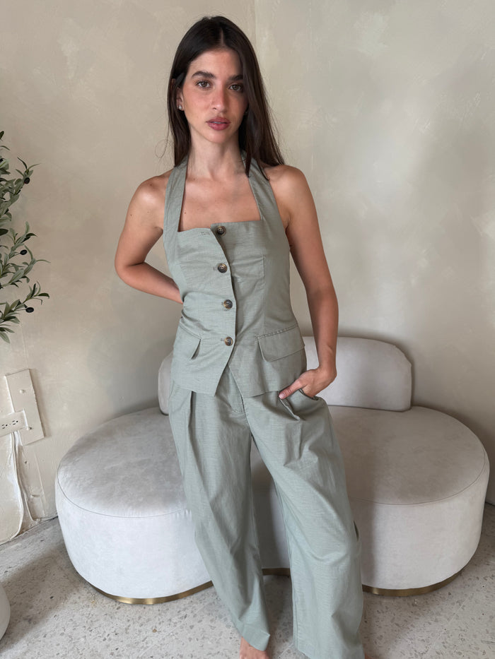 Olive Square Neck Vest & Pant Set