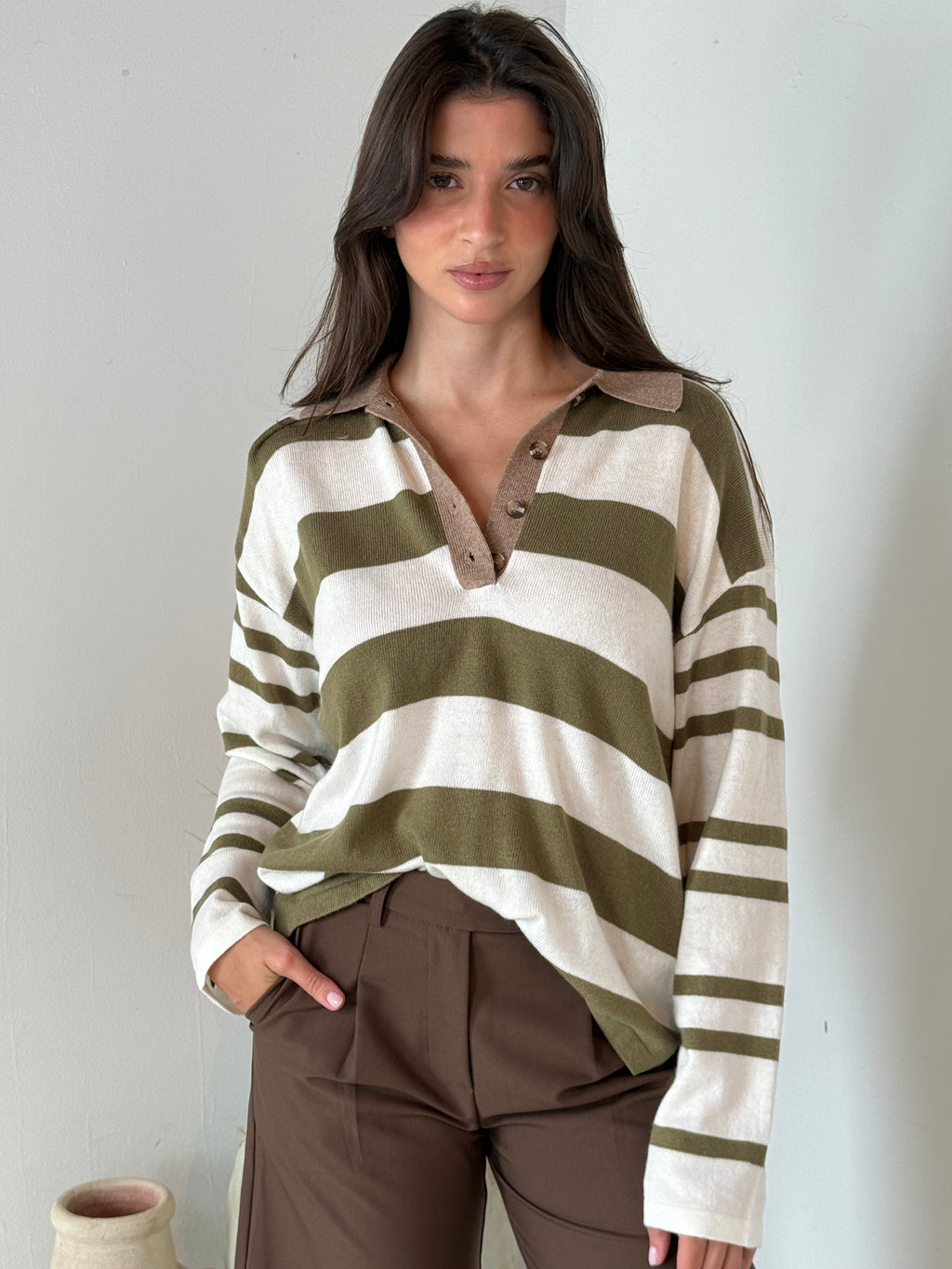 Stripe Polo LS Top