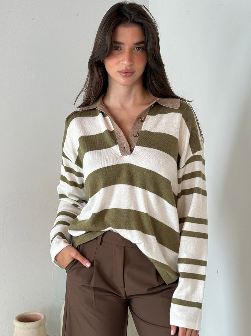 Stripe Polo LS Top