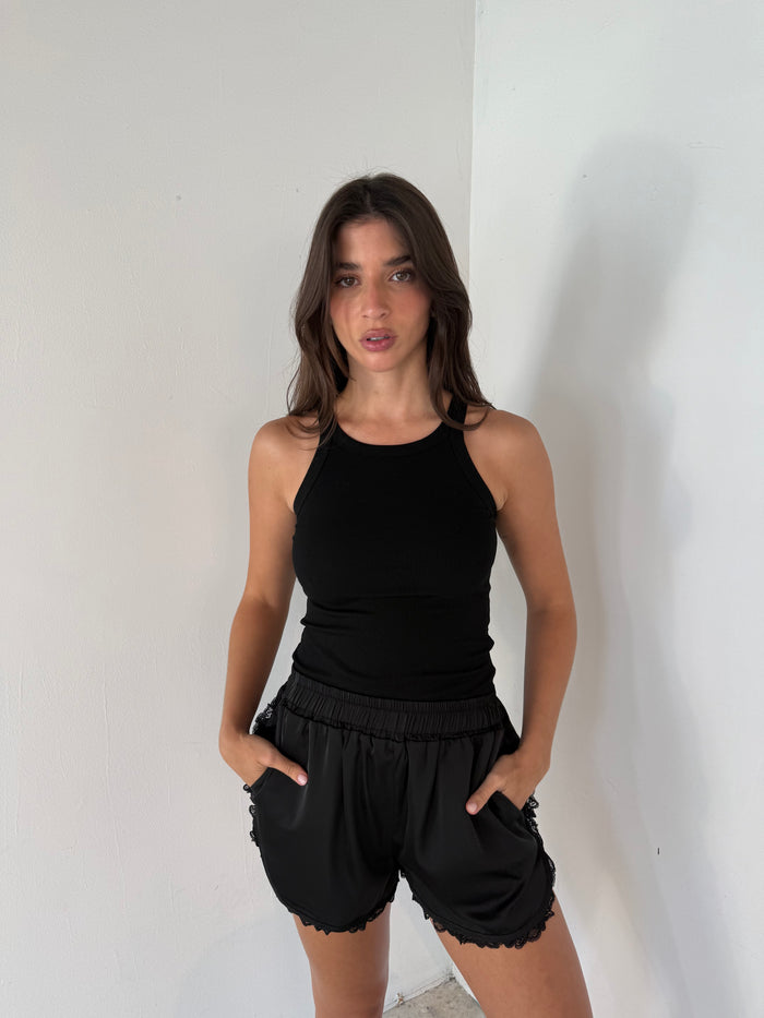Black Lace Trim Satin Shorts